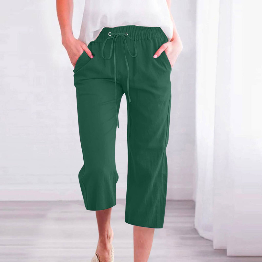 Linen Casual Summer Cropped Pants with Elastic Drawstring Waist