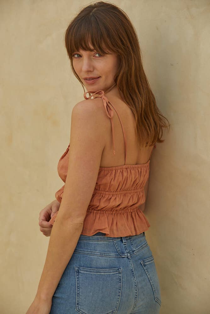Woven Cotton Cropped Sleeveless Smocked Top