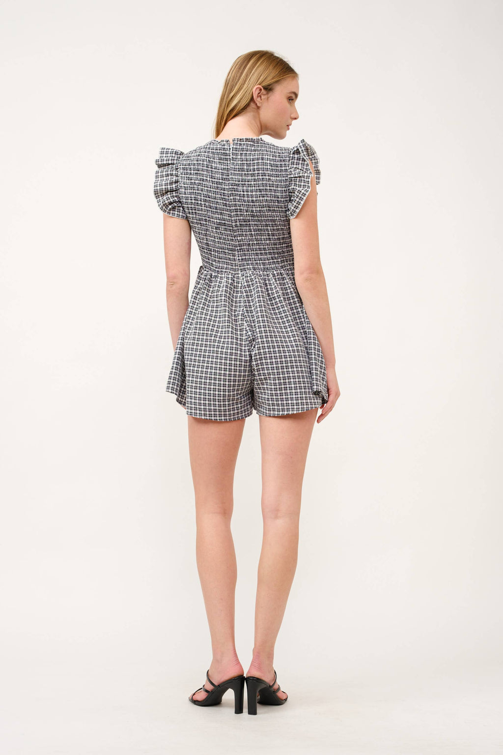 Gingham Smocked Waist Romper with Ruffle Sleeves