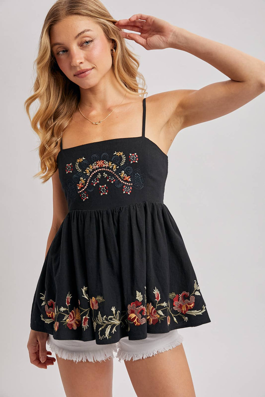 FLORAL EMBROIDERED SLEEVELESS PEPLUM TOP