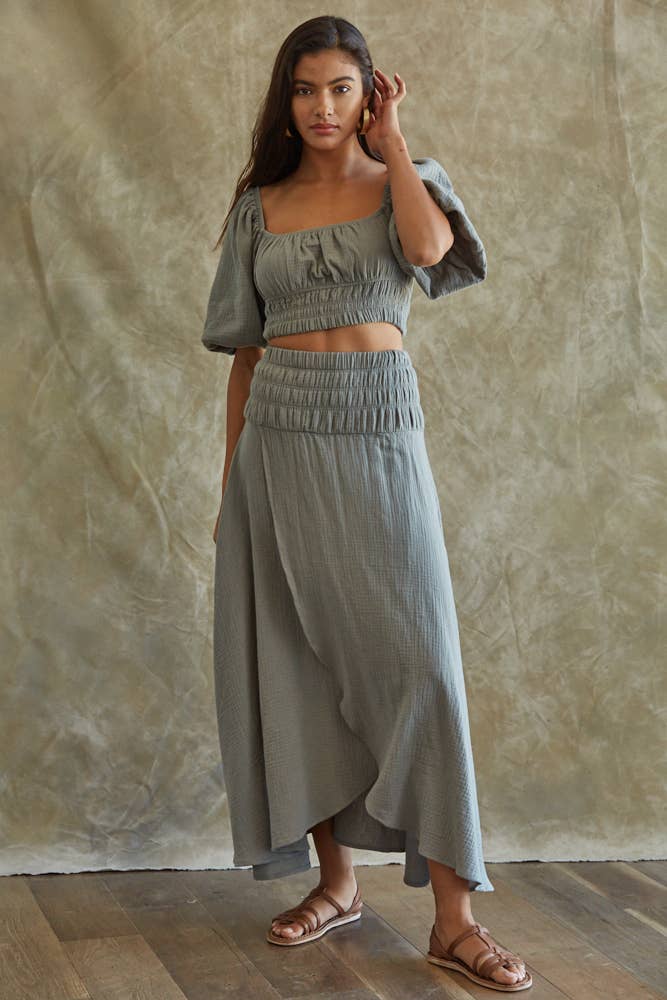 Cropped Woven Cotton 3/4 Puff Sleeve Blouse