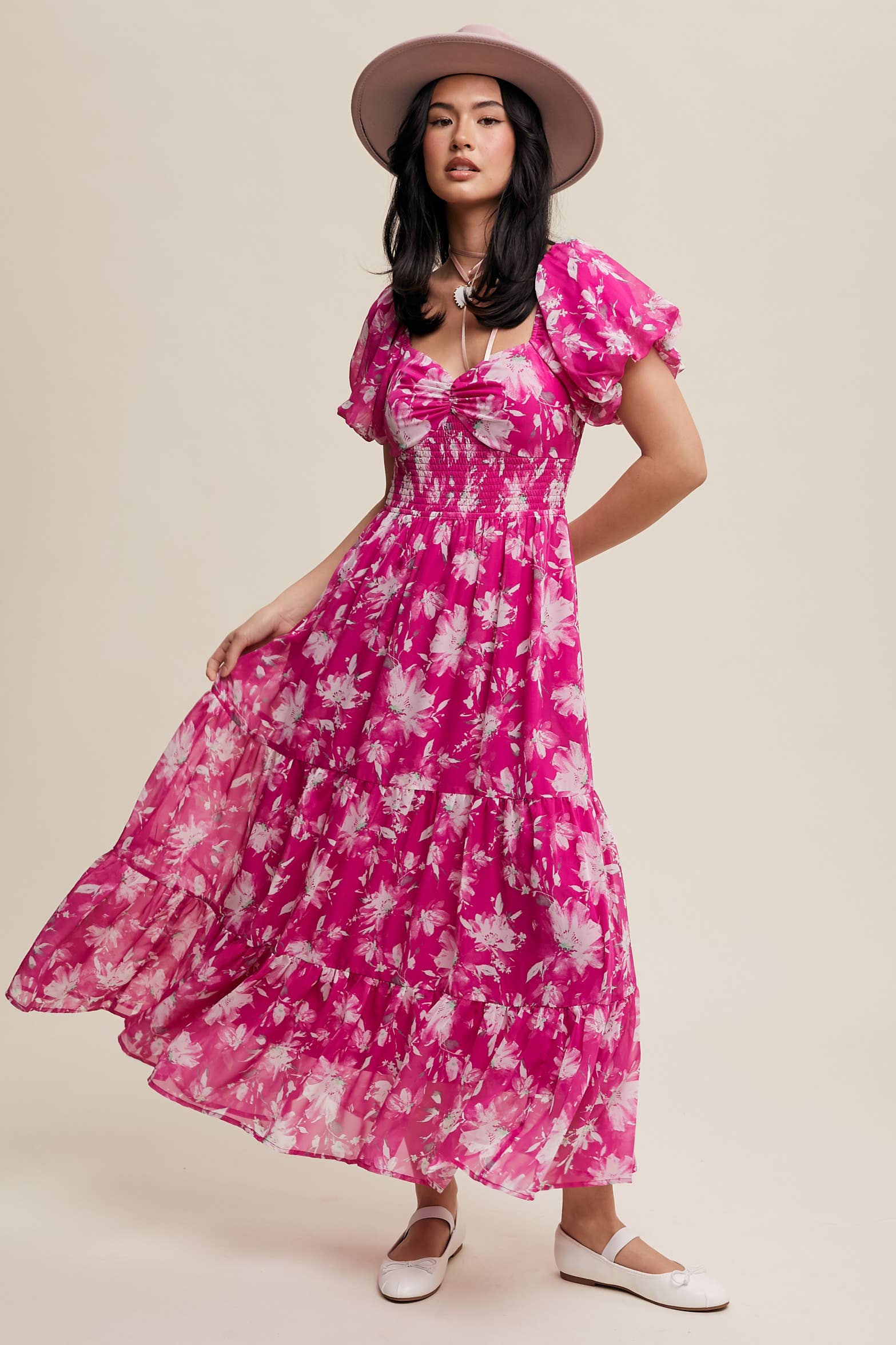 Floral Puff Sleeve Tiered Pink Maxi Dress
