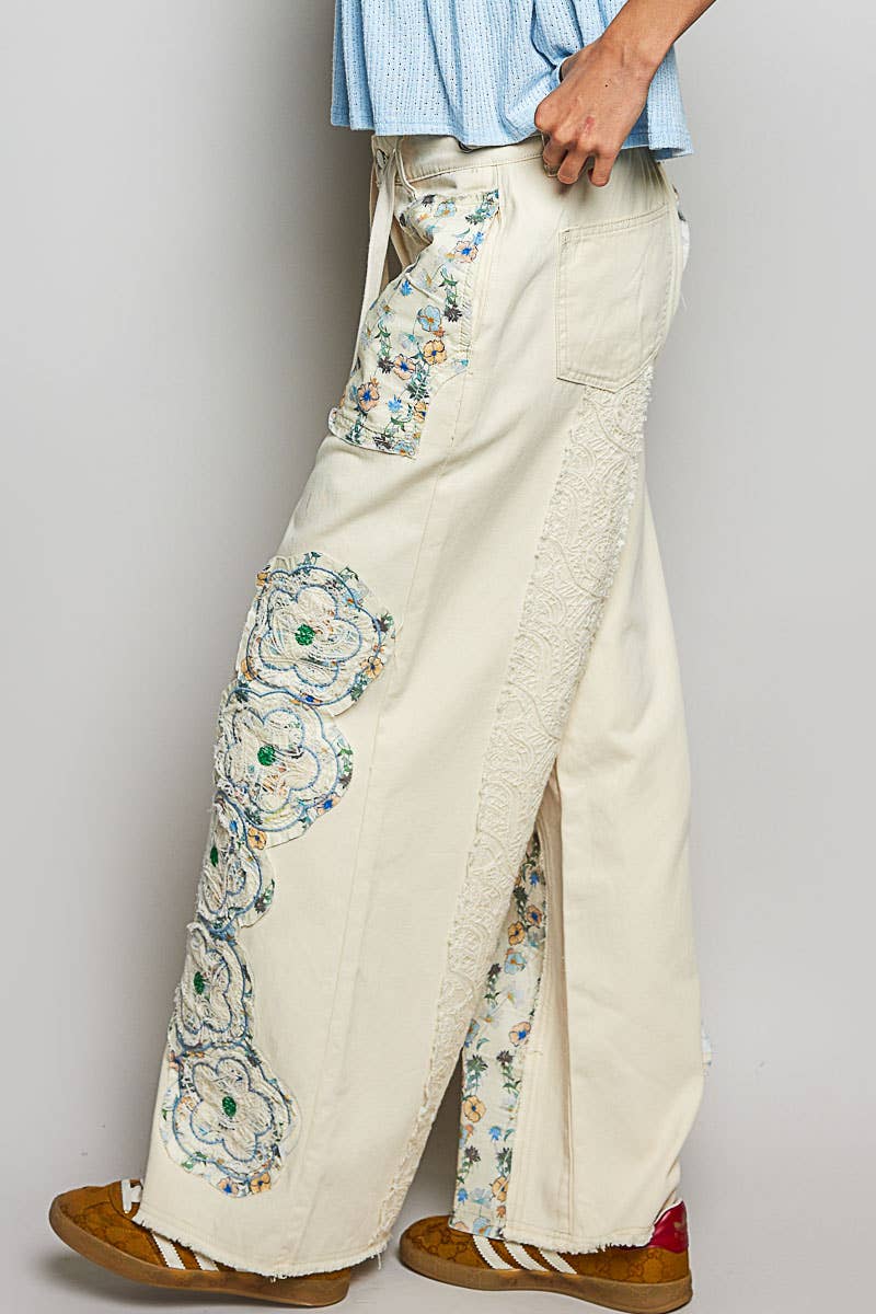 Cotton Boho Denim Drawstring Floral Patch  Pants