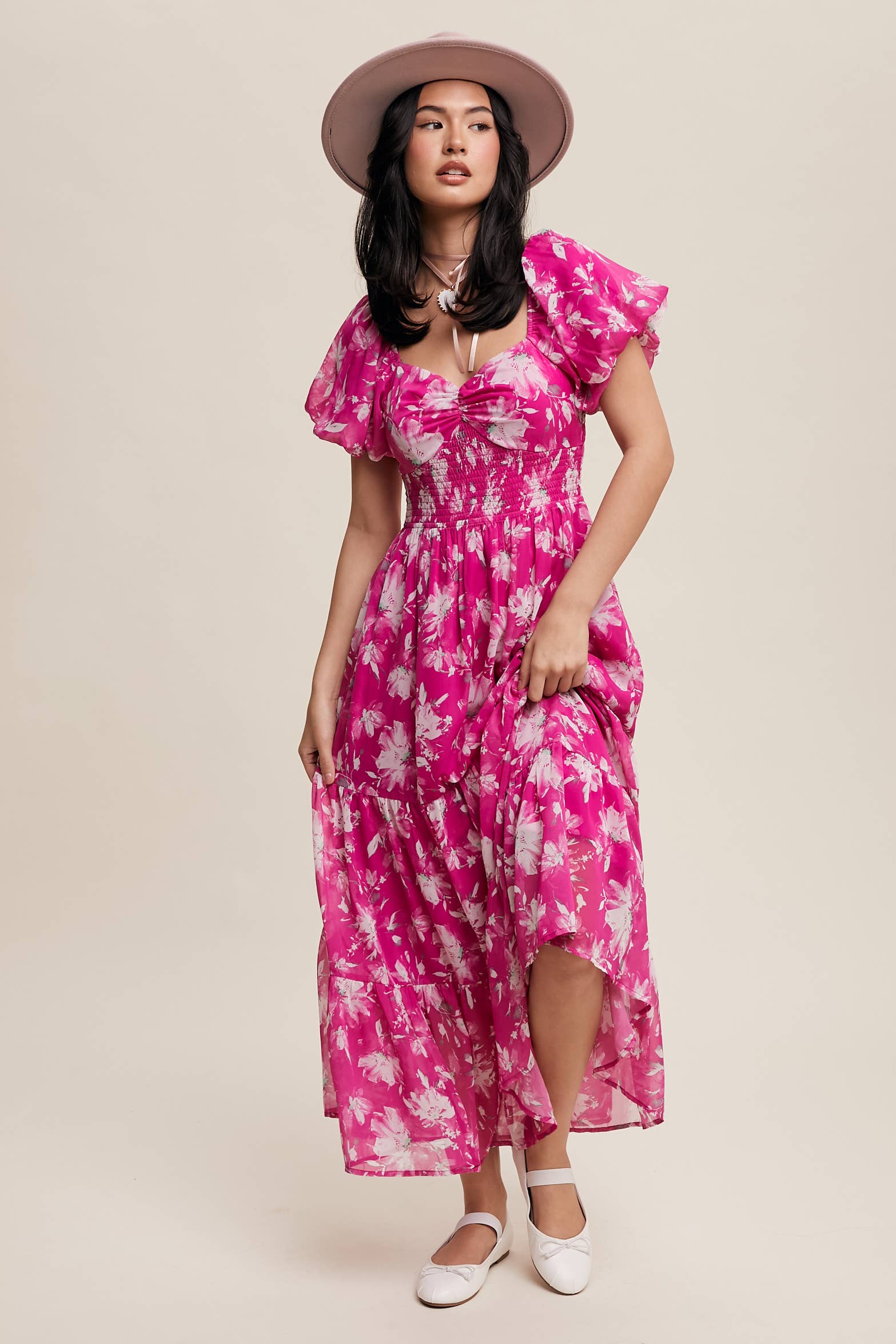Floral Puff Sleeve Tiered Pink Maxi Dress