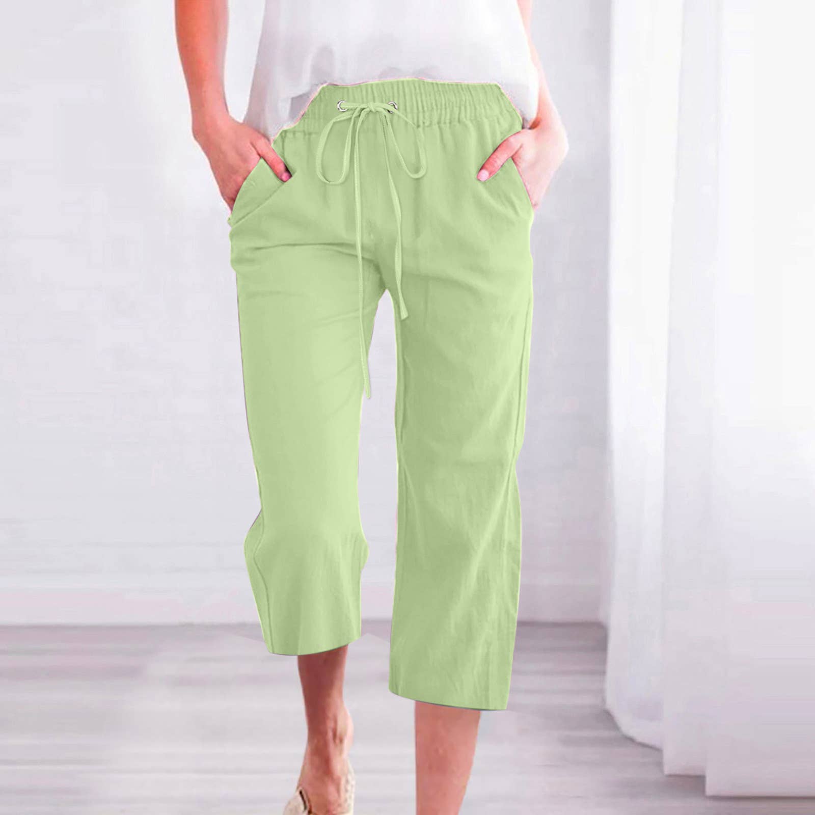 Linen Casual Summer Cropped Pants with Elastic Drawstring Waist