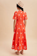 NOTCHED COLLAR EMBROIDERED MAXI DRESS