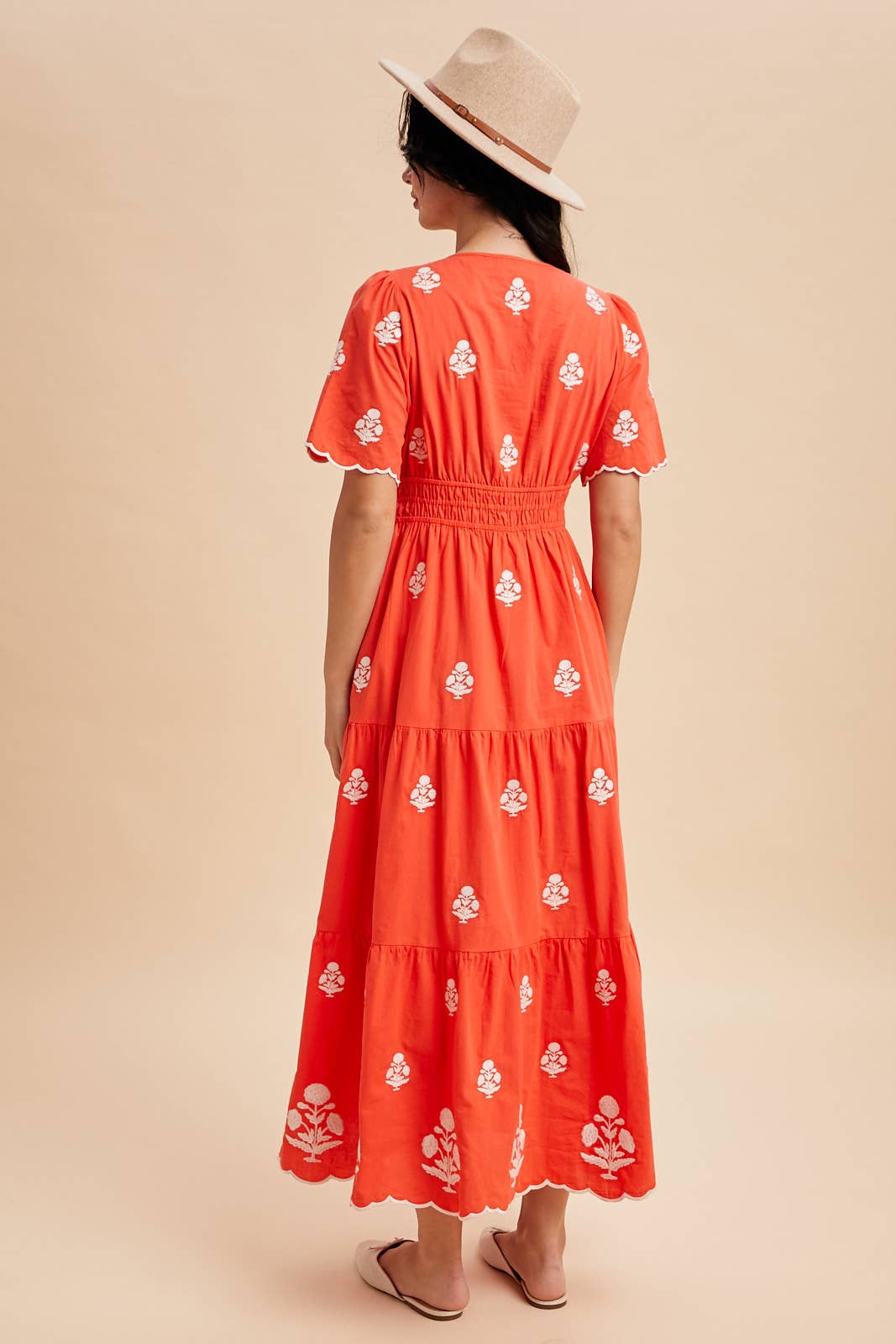 NOTCHED COLLAR EMBROIDERED MAXI DRESS