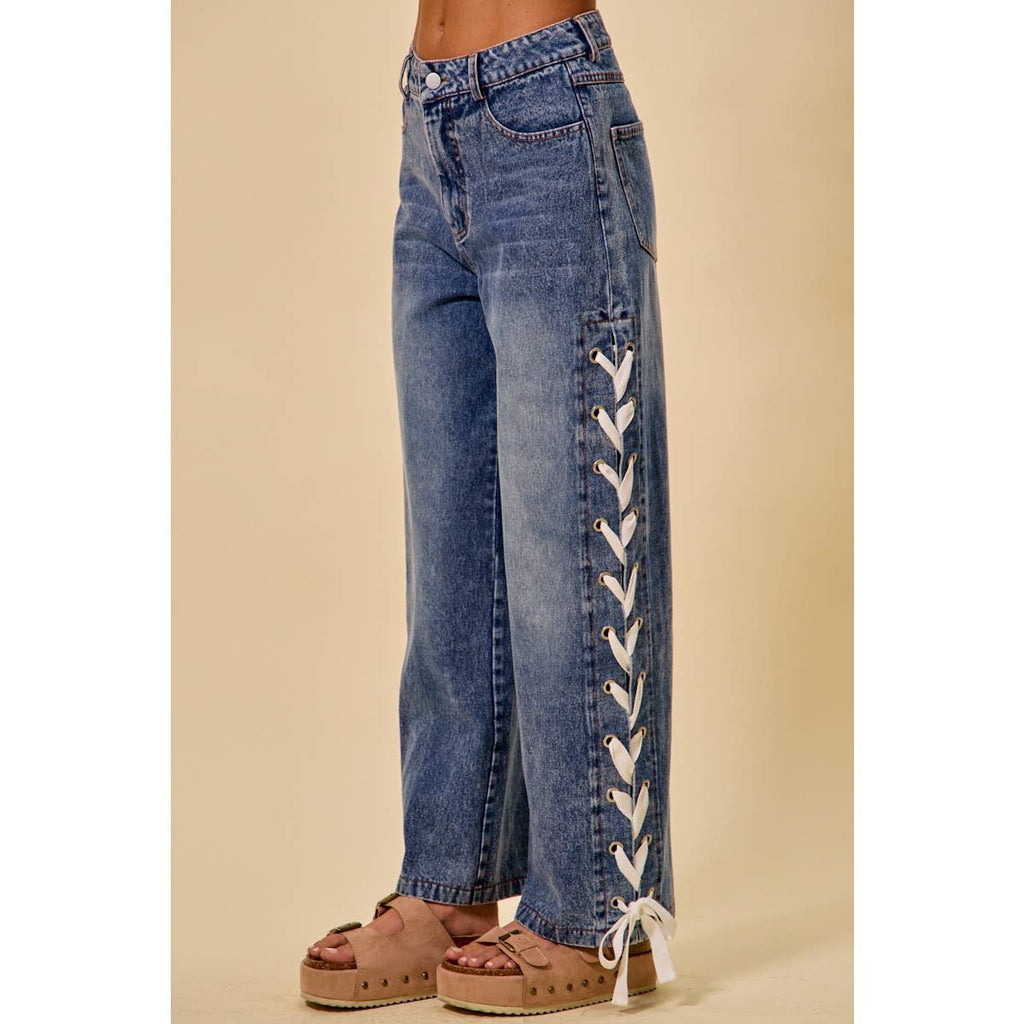 MID RISE STRAIGHT LEG DENIM SIDE LACE UP JEANS