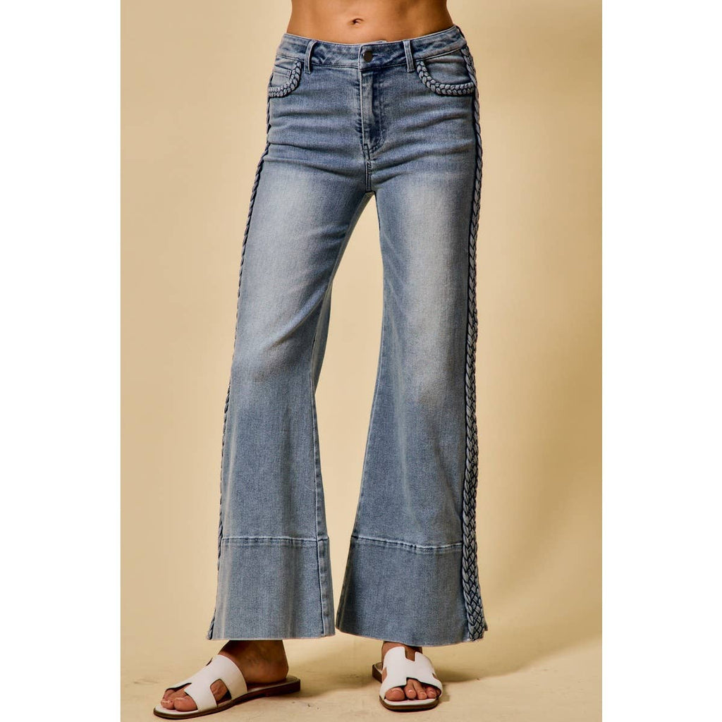 WIDE LEG FLARE DENIM JEANS WITH SIDE  BRAIDS
