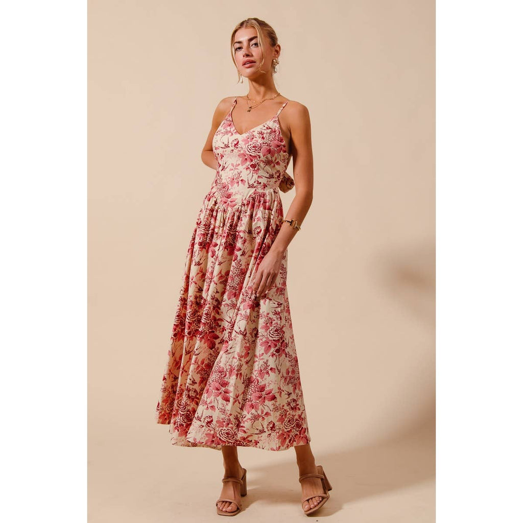 FLORAL COTTON WOVEN V NECK DRESS WITH BACK RIBBON TIE