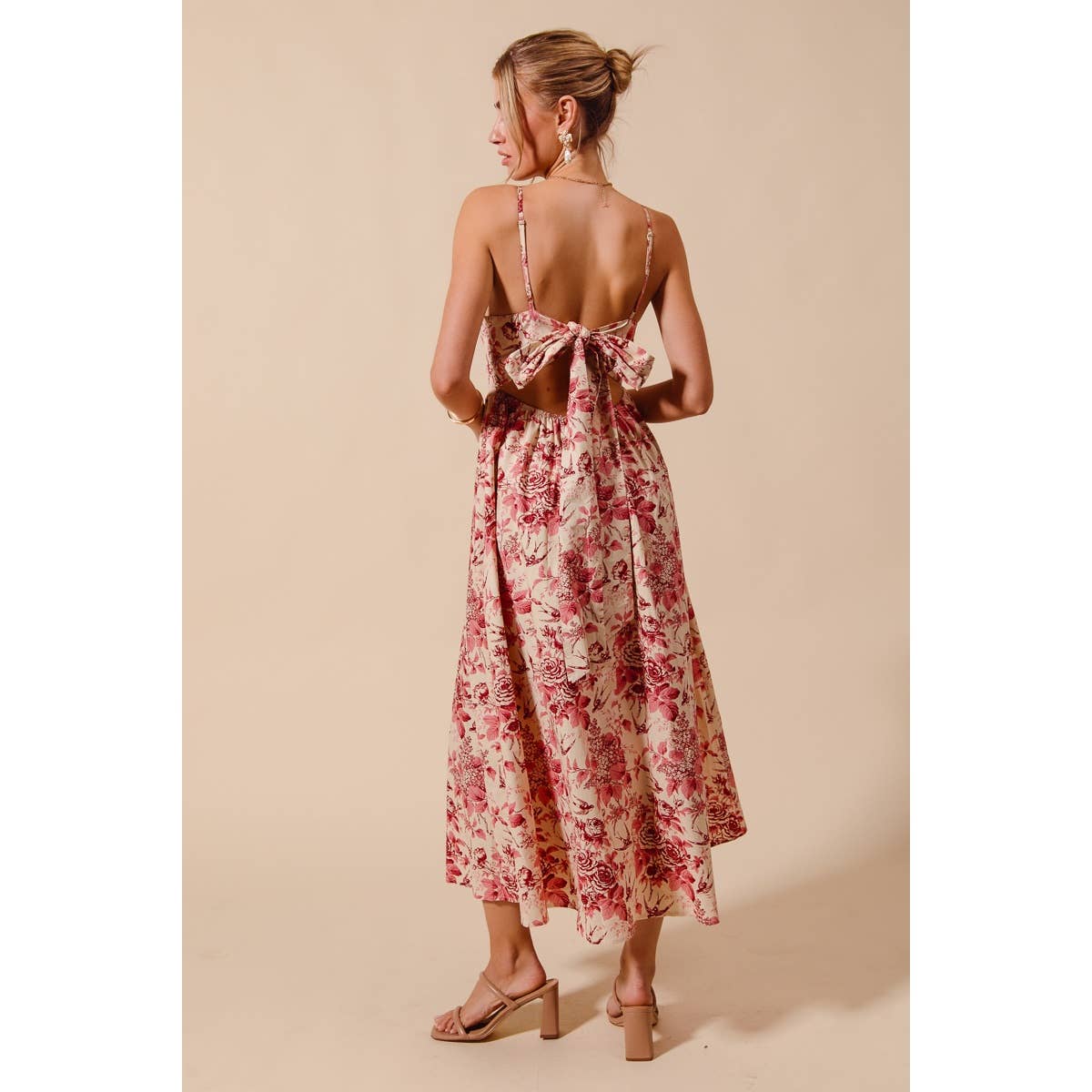 FLORAL COTTON WOVEN V NECK DRESS WITH BACK RIBBON TIE