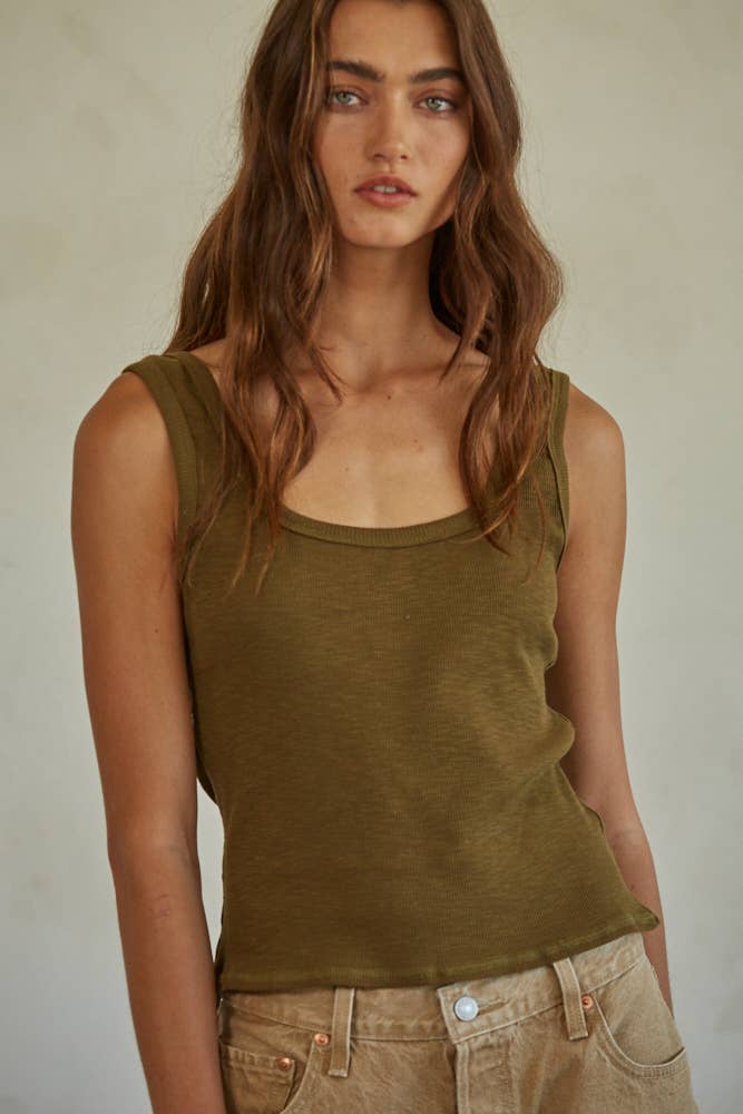 Cotton Knit Ribbed Scoop Neck Sleeveless Top