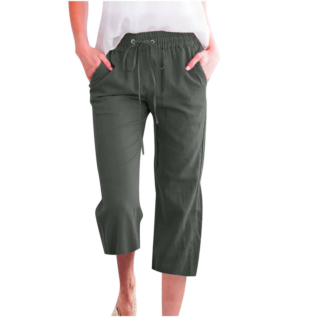 Linen Casual Summer Cropped Pants with Elastic Drawstring Waist