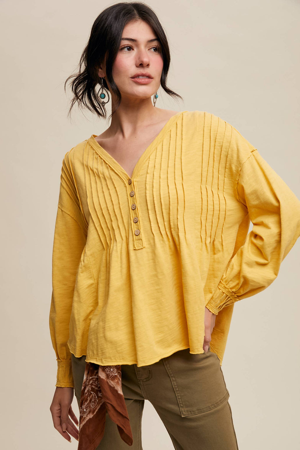 Cotton Pleated Henley Yellow Top