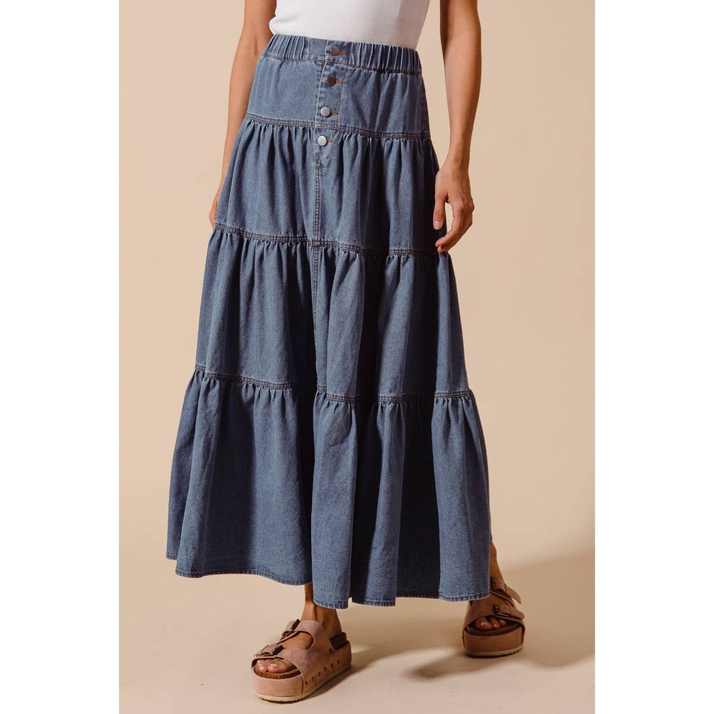 DENIM BLOCK FLOWY MAXI SKIRT