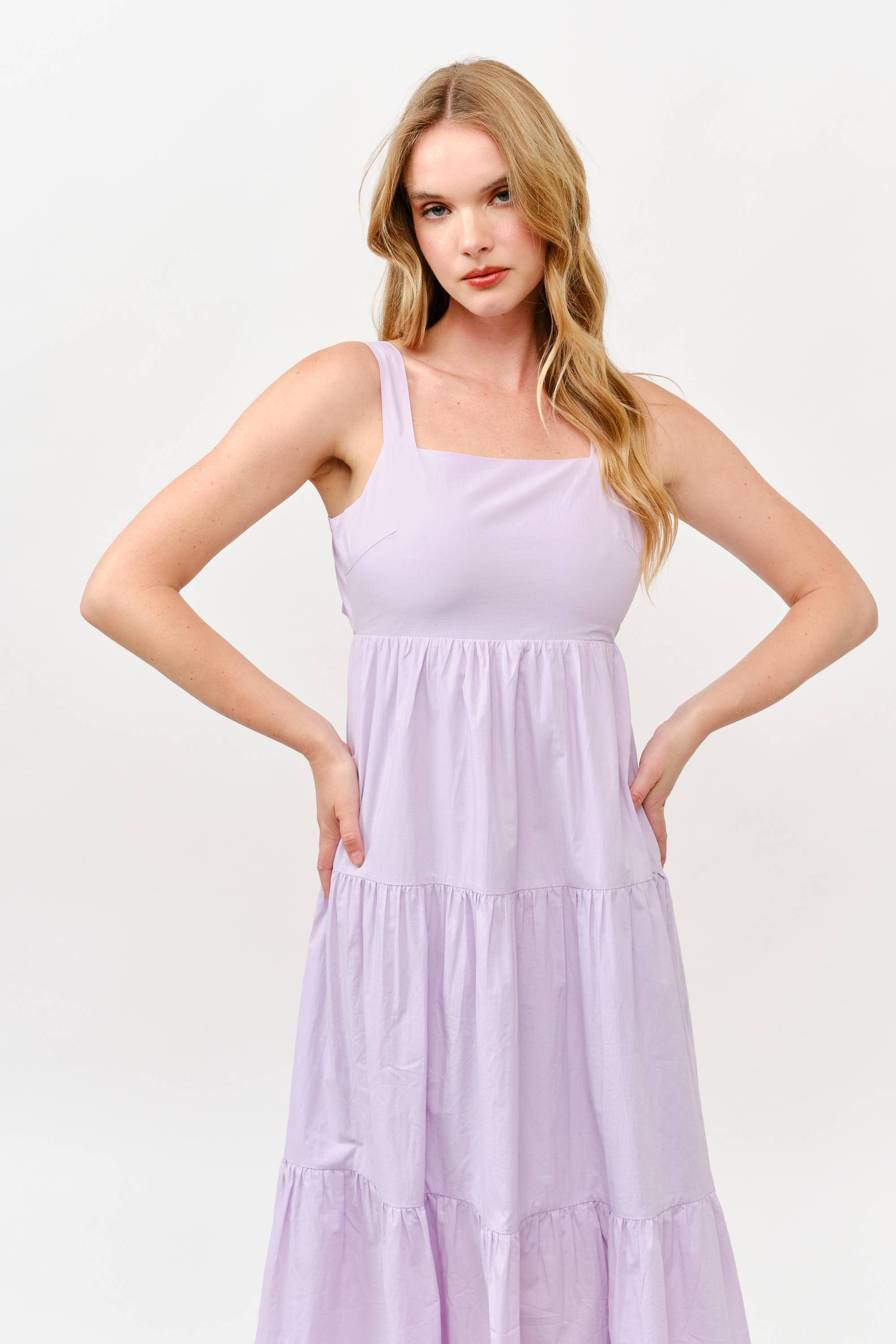 Cotton Boho Elastic Waist Open Bow Back Summer Lilac Dress