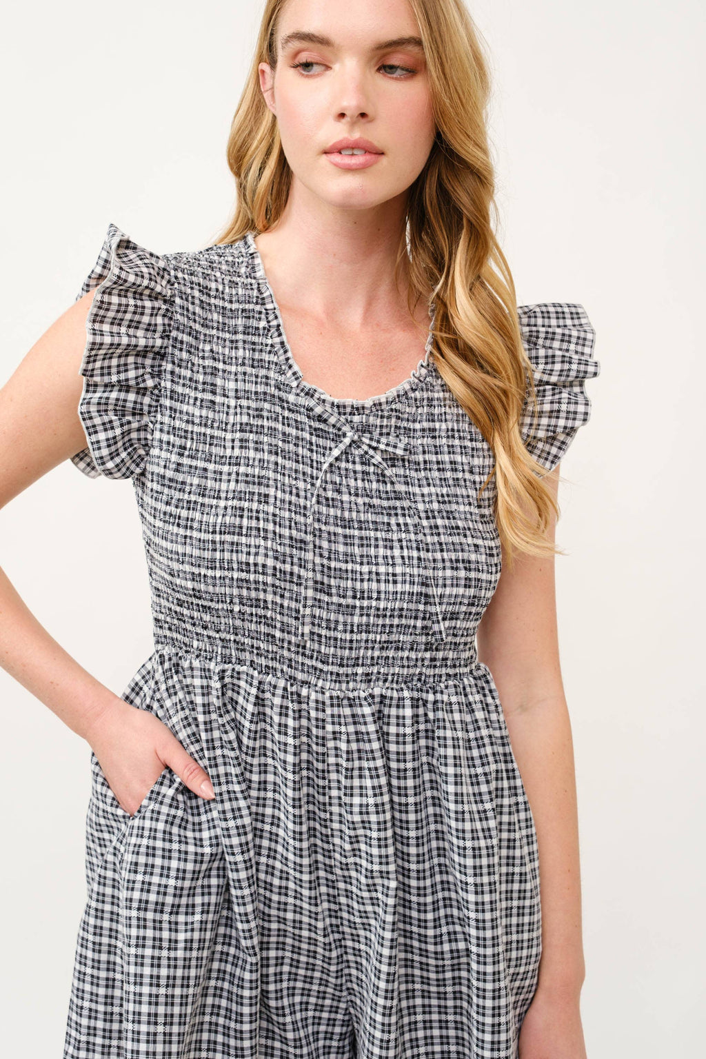 Gingham Smocked Waist Romper with Ruffle Sleeves