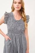 Gingham Smocked Waist Romper with Ruffle Sleeves