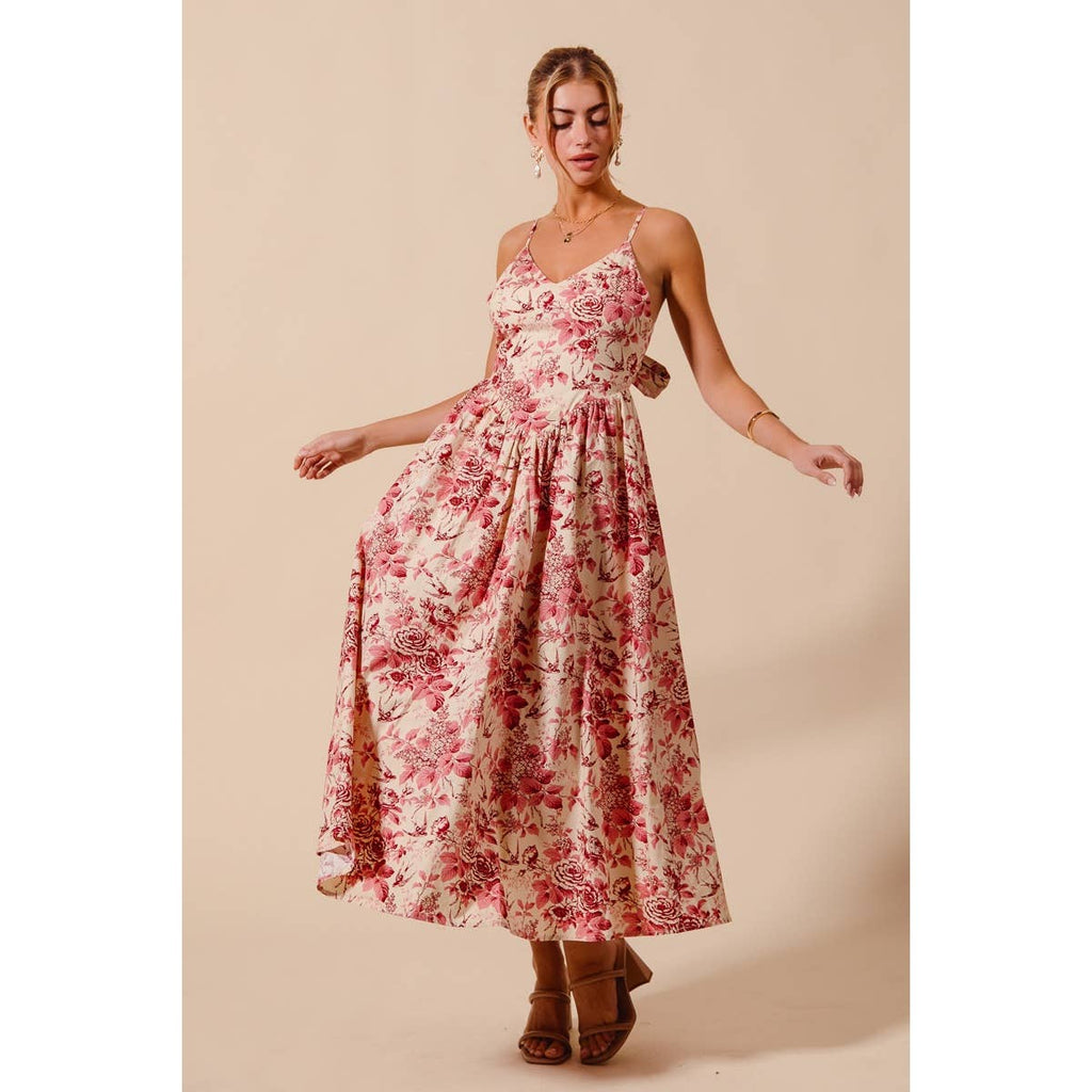 FLORAL COTTON WOVEN V NECK DRESS WITH BACK RIBBON TIE