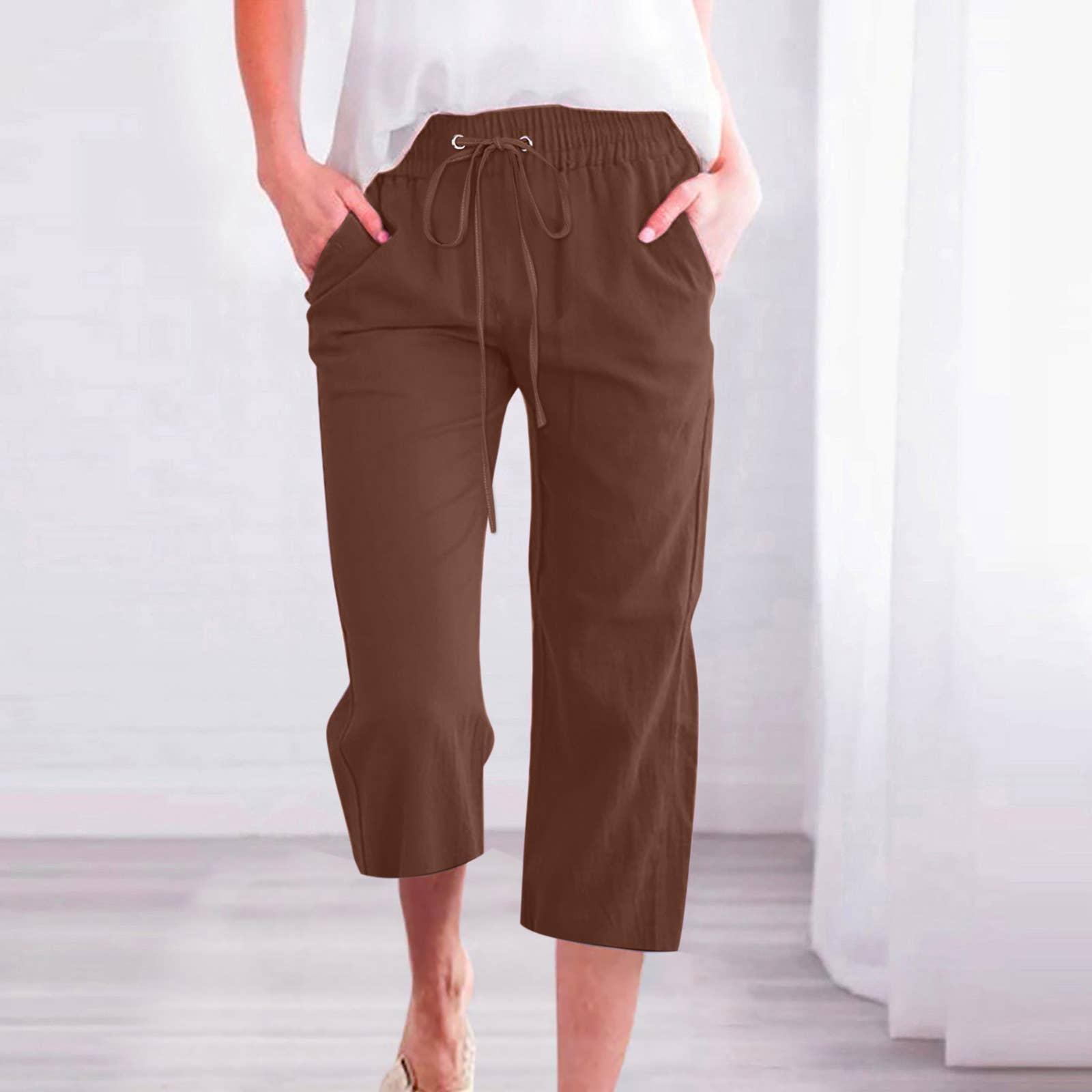 Linen Casual Summer Cropped Pants with Elastic Drawstring Waist