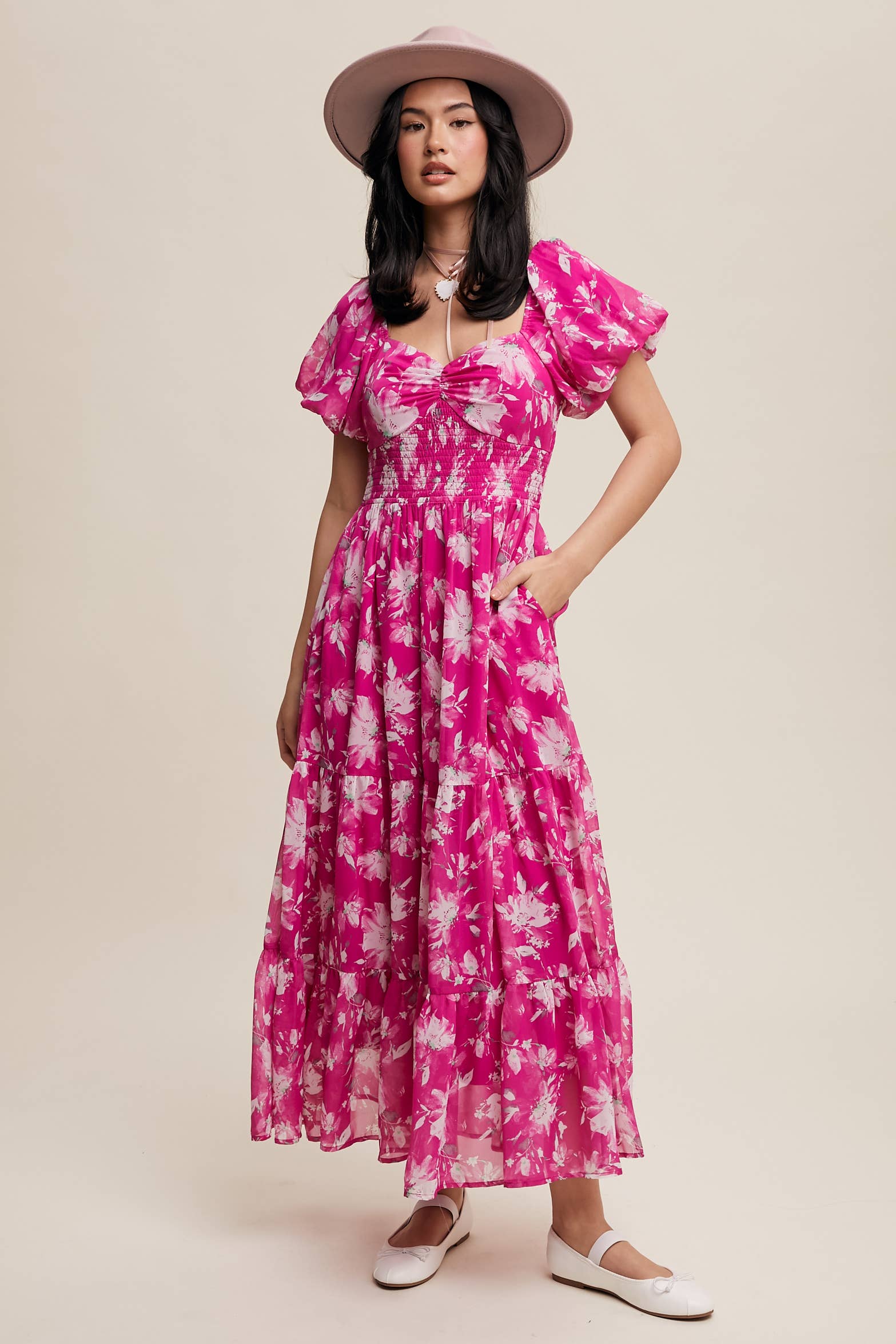 Floral Puff Sleeve Tiered Pink Maxi Dress