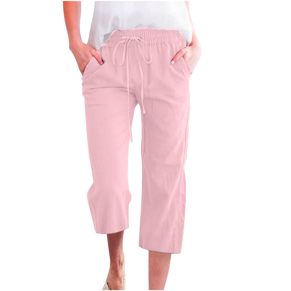 Linen Casual Summer Cropped Pants with Elastic Drawstring Waist