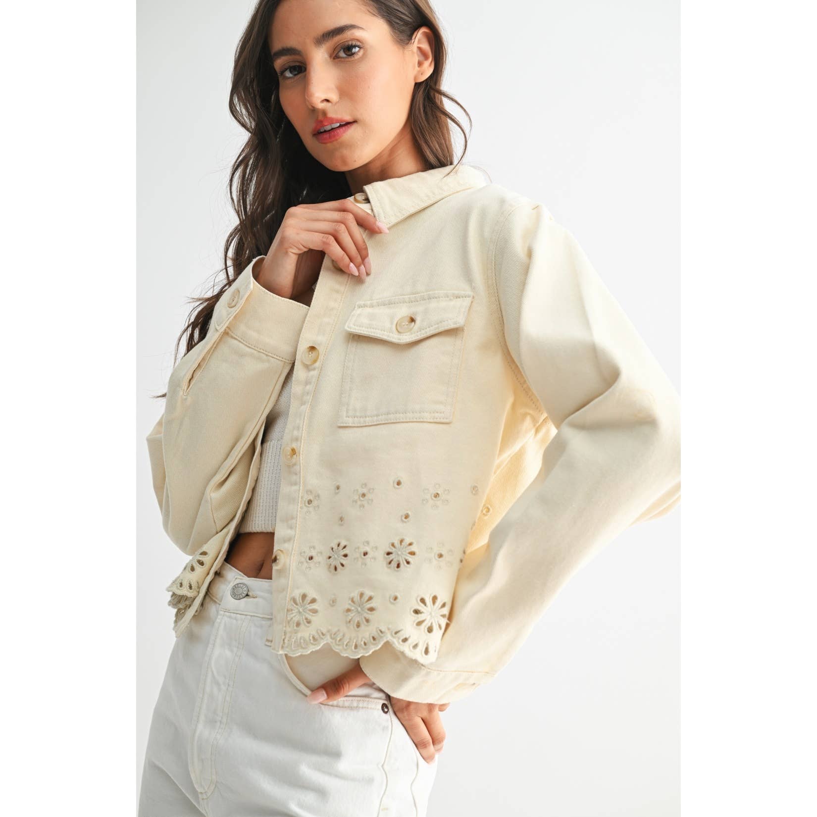 Cotton Eyelet Embroidered Denim Twill Jacket