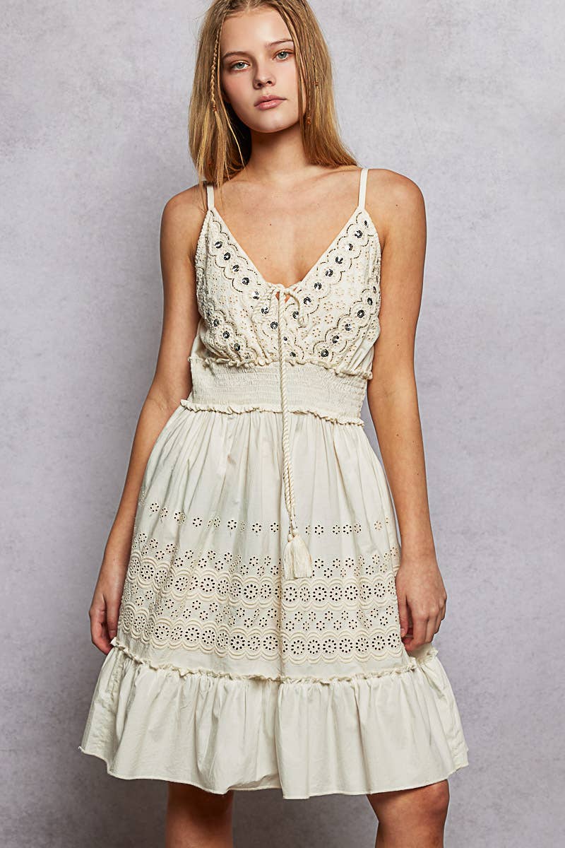 Cotton V-Neck Sleeveless Dress with Eyelet Detail Smocked Waist
