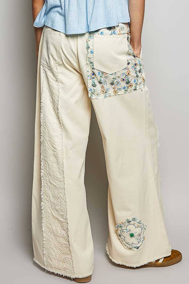 Cotton Denim Drawstring Floral Patch  Pants