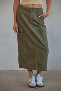Olive Denim Cotton Midi Skirt With Side Pockets