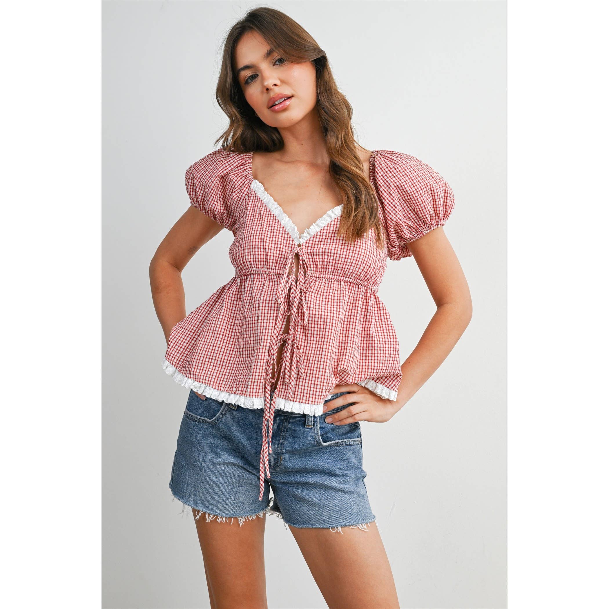 Checkered Scalloped Peplum Top