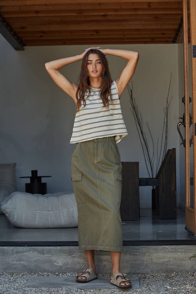Olive Denim Cotton Midi Skirt With Side Pockets