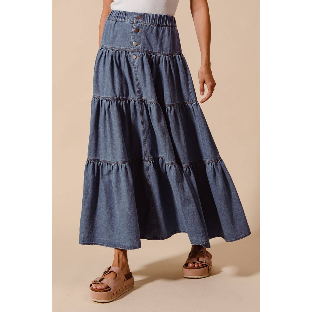 DENIM BLOCK FLOWY MAXI SKIRT
