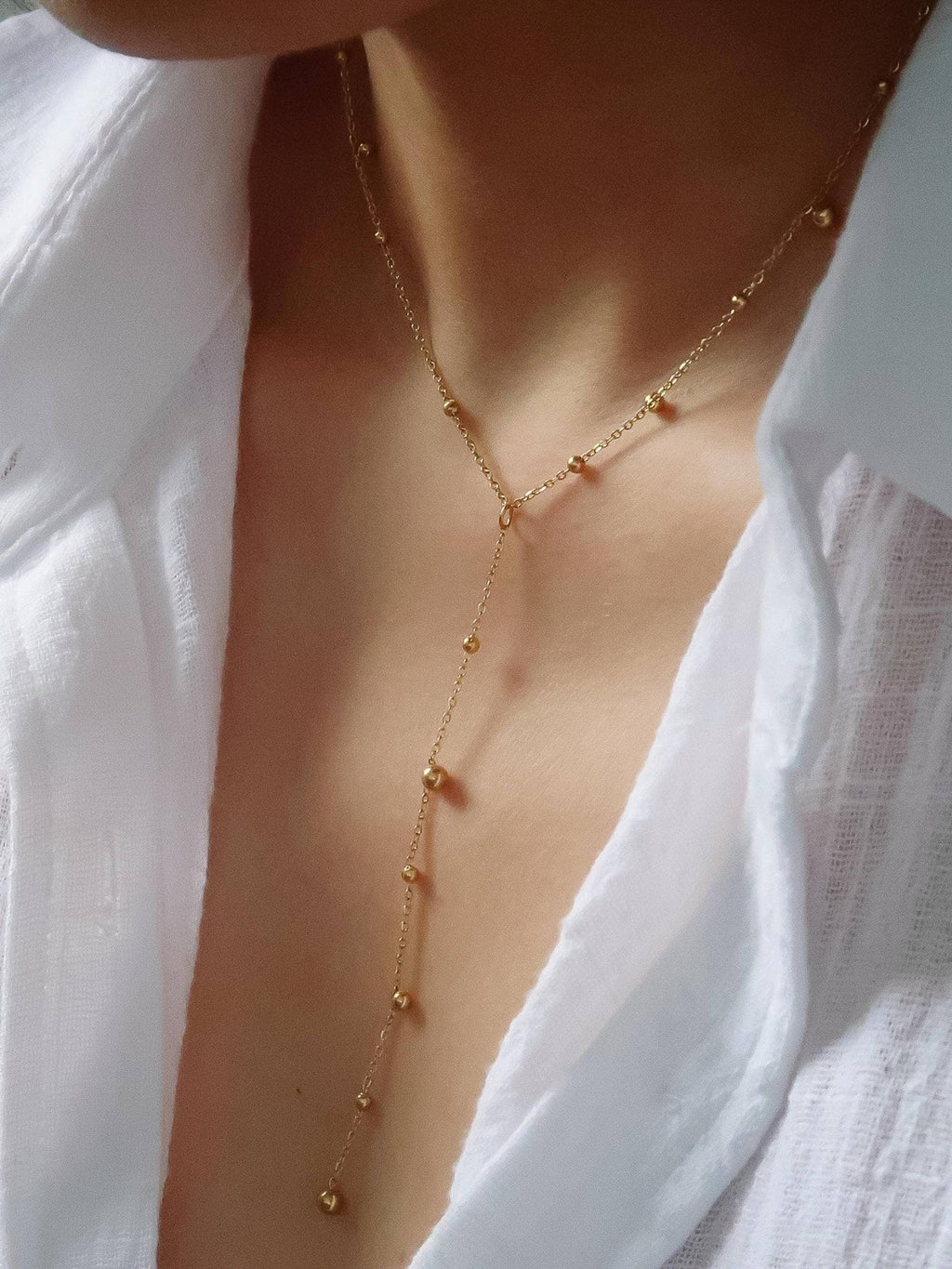18K Gold Non-Tarnish Dressy Beaded Y Lariat Necklace