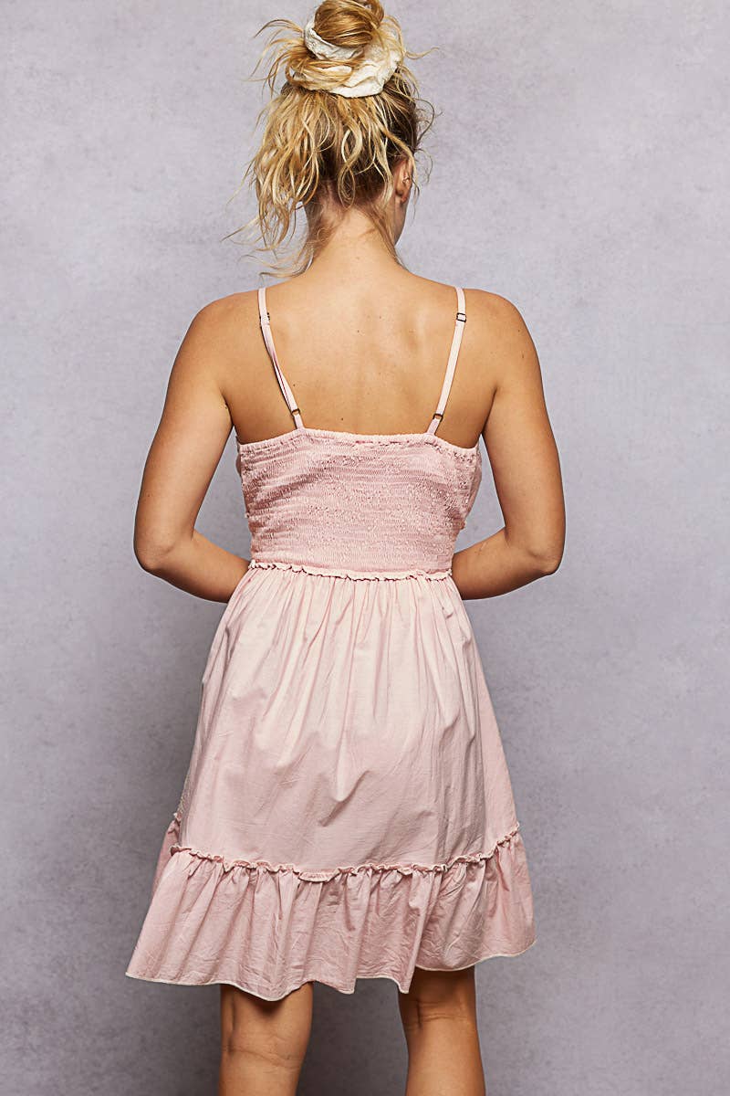 Cotton V-Neck Sleeveless Dress with Eyelet Detail Smocked Waist