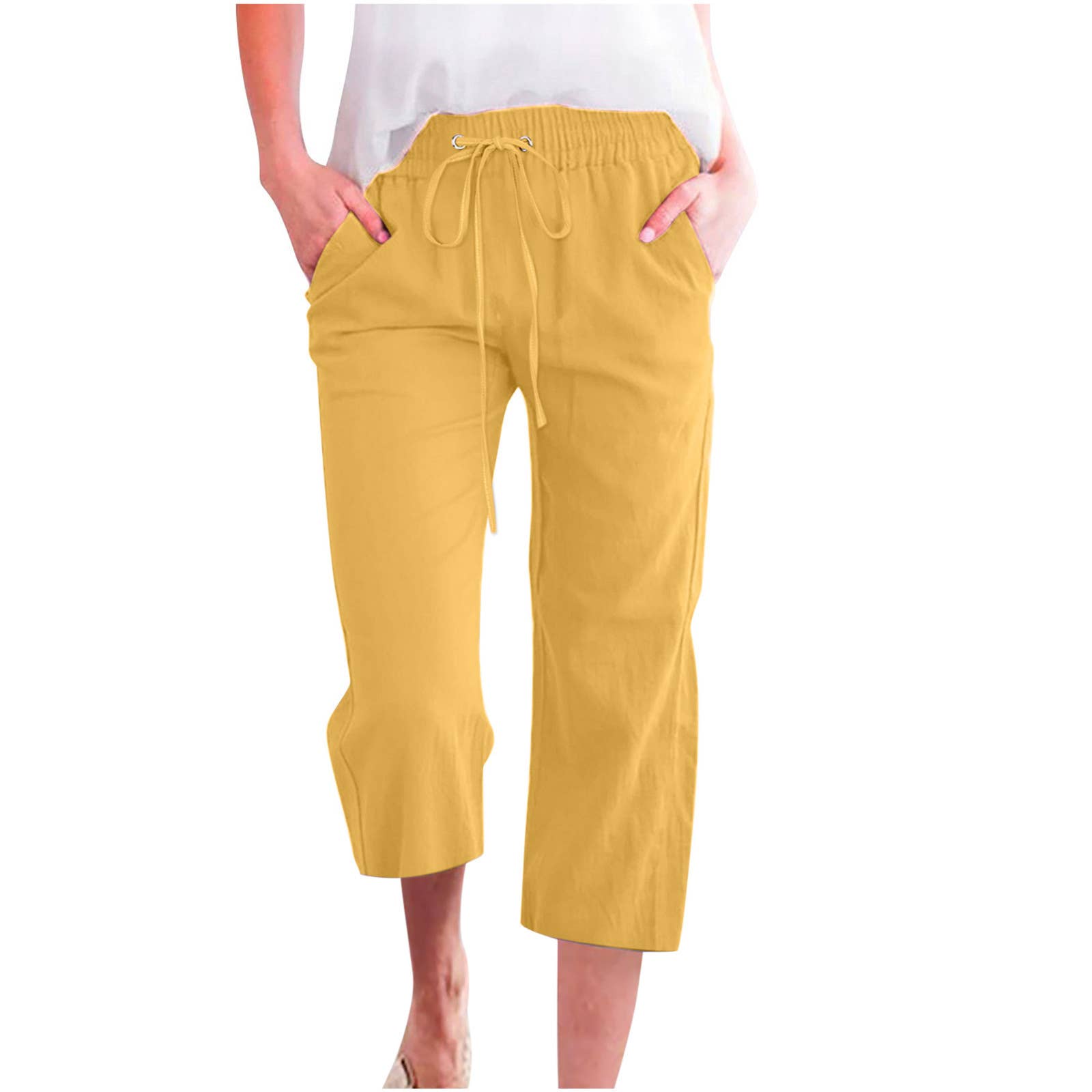 Linen Casual Summer Cropped Pants with Elastic Drawstring Waist
