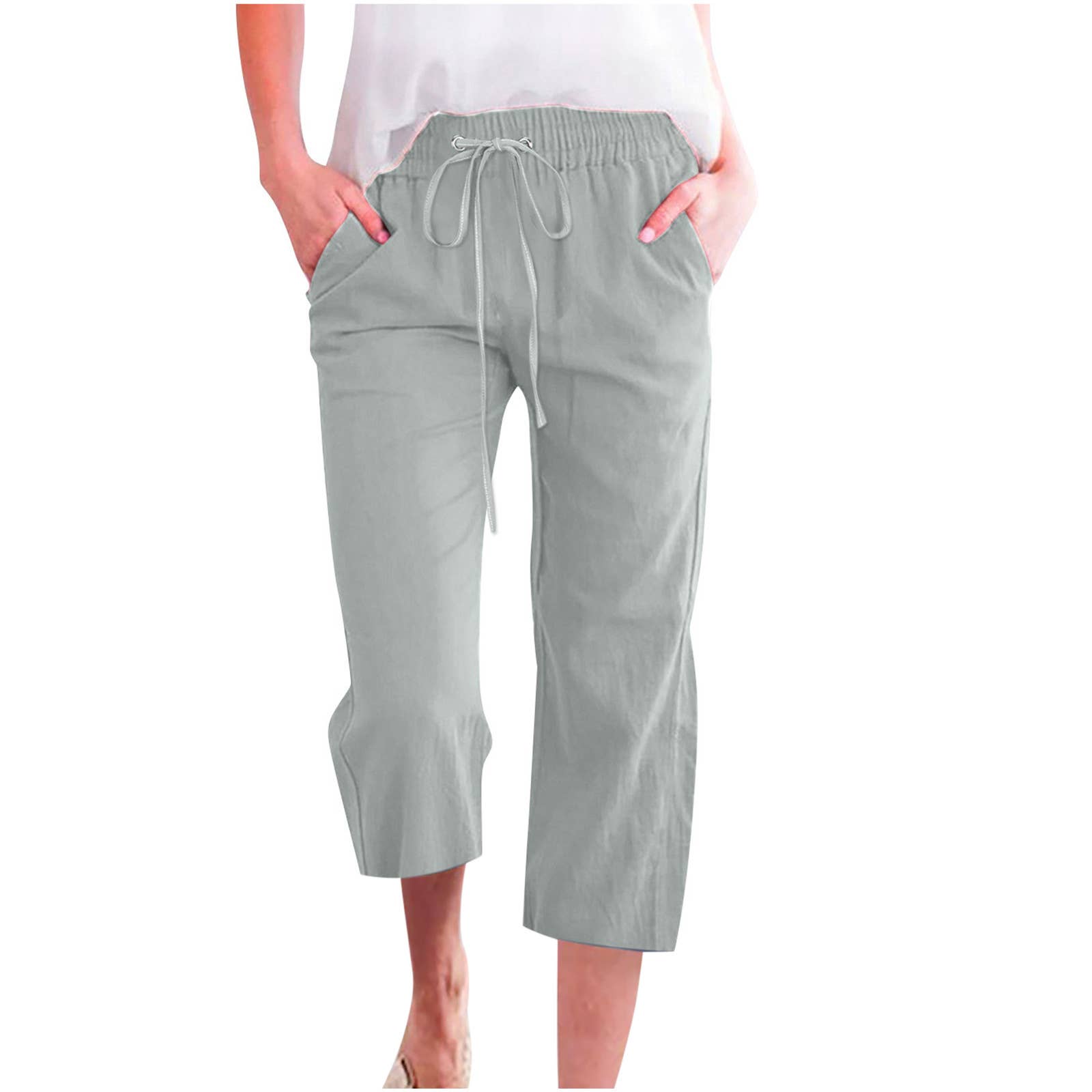 Linen Casual Summer Cropped Pants with Elastic Drawstring Waist