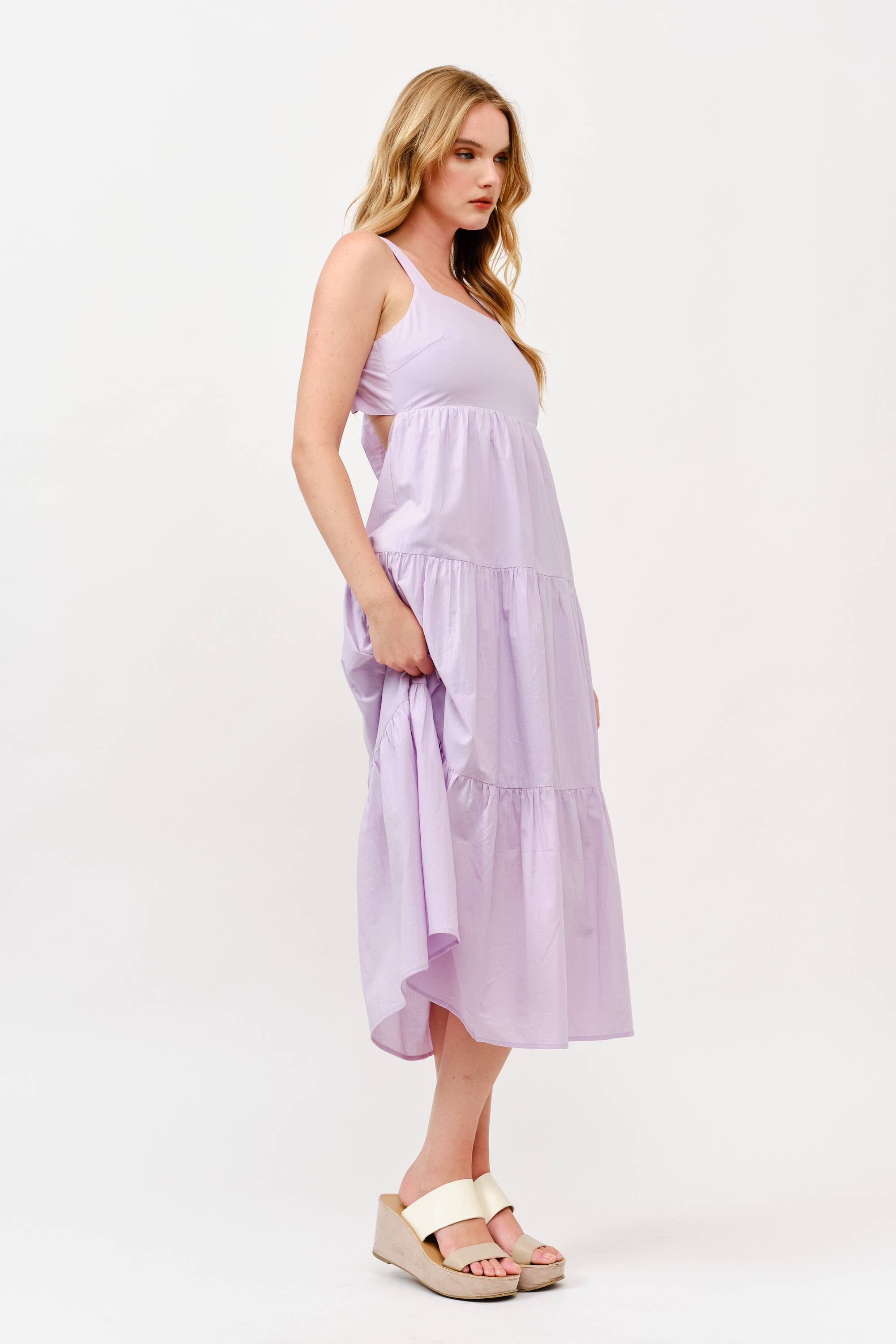 Cotton Boho Elastic Waist Open Bow Back Summer Lilac Dress