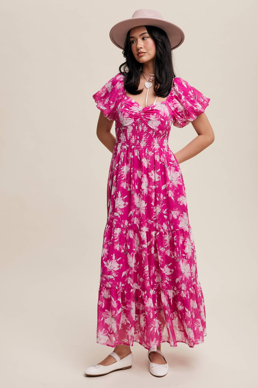 Floral Puff Sleeve Tiered Pink Maxi Dress
