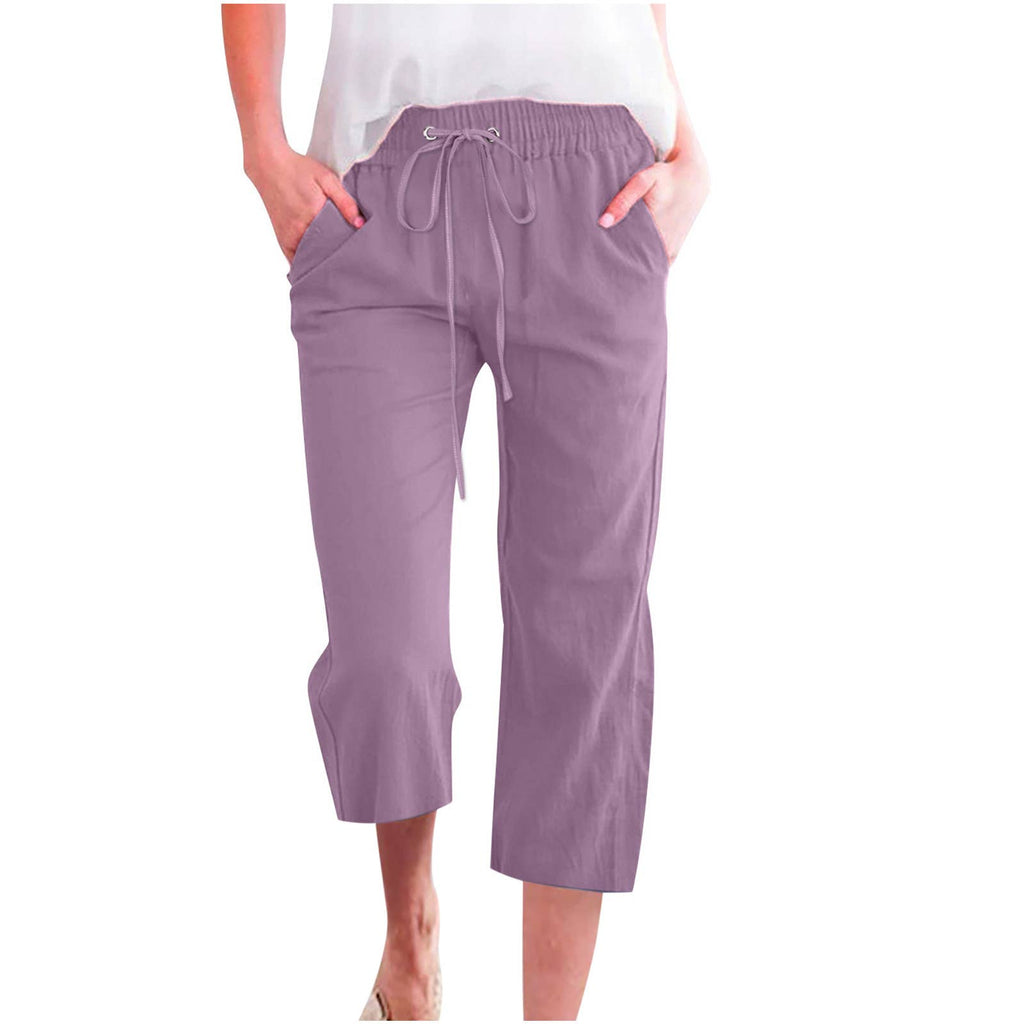 Linen Casual Summer Cropped Pants with Elastic Drawstring Waist