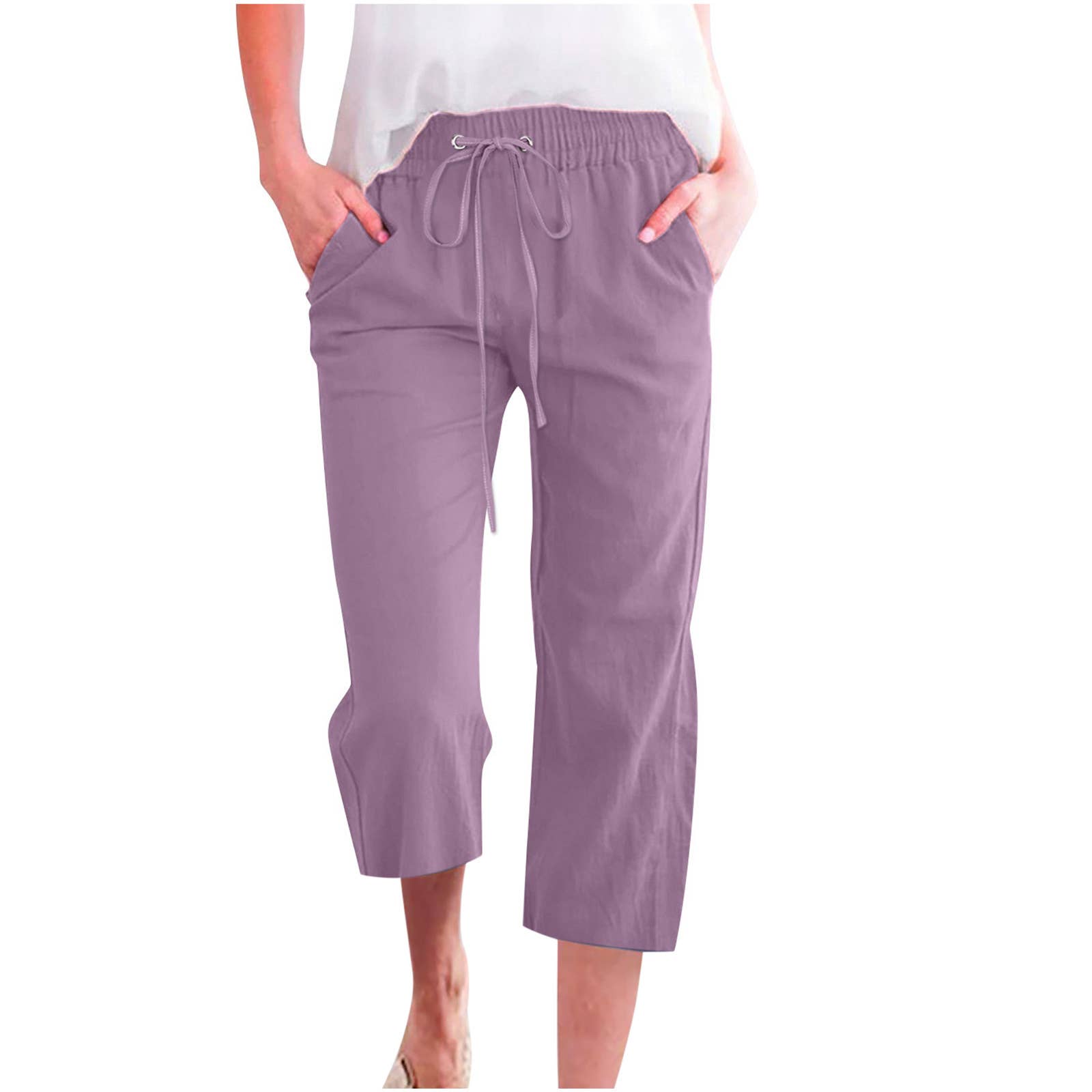 Linen Casual Summer Cropped Pants with Elastic Drawstring Waist
