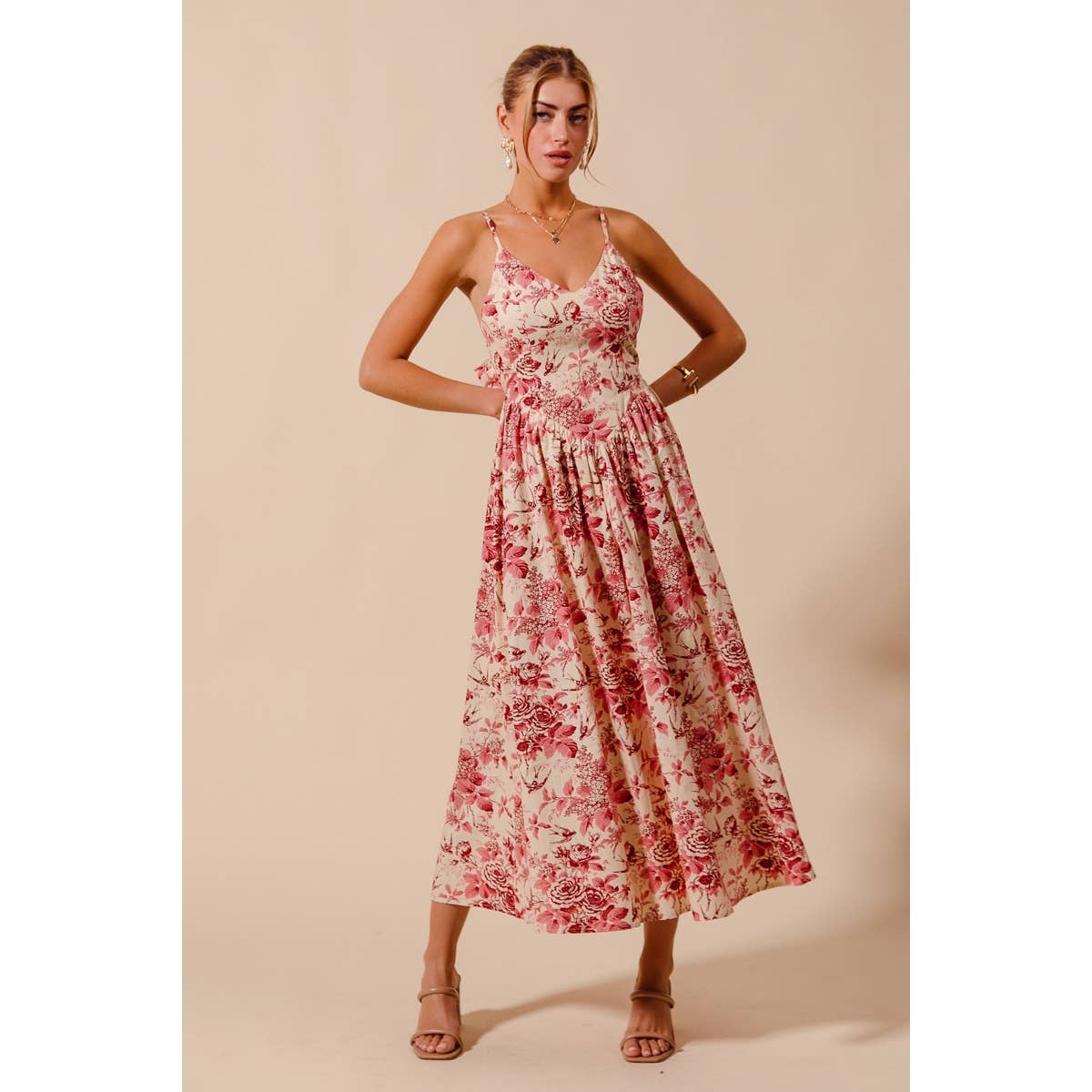 FLORAL COTTON WOVEN V NECK DRESS WITH BACK RIBBON TIE