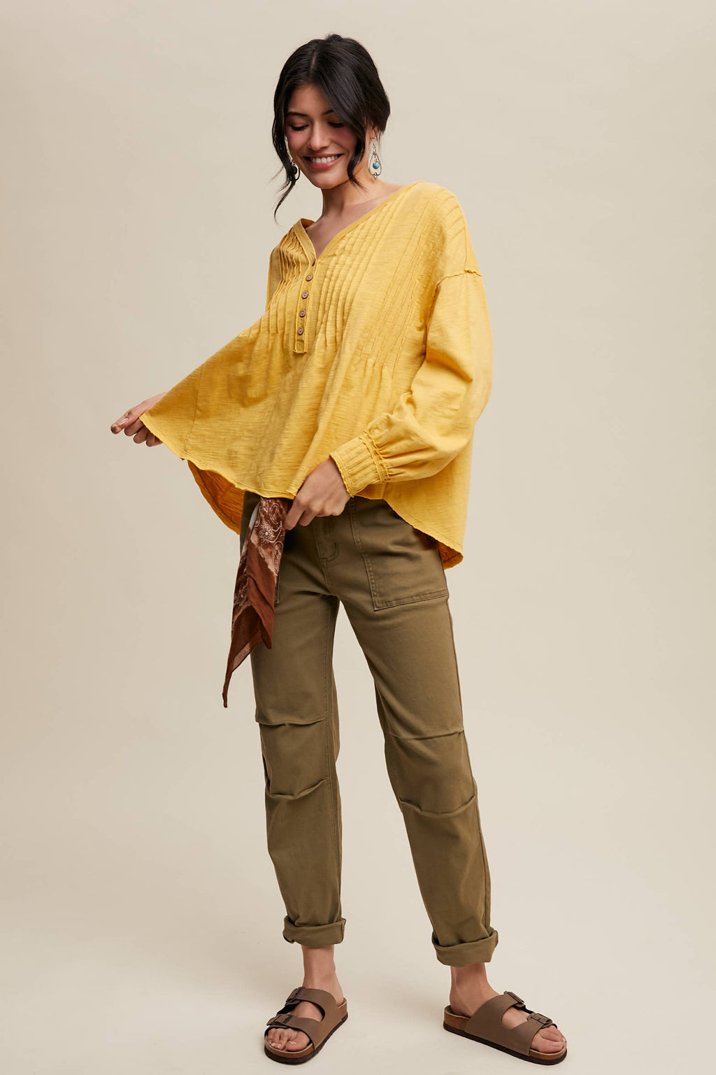 Cotton Pleated Henley Yellow Top