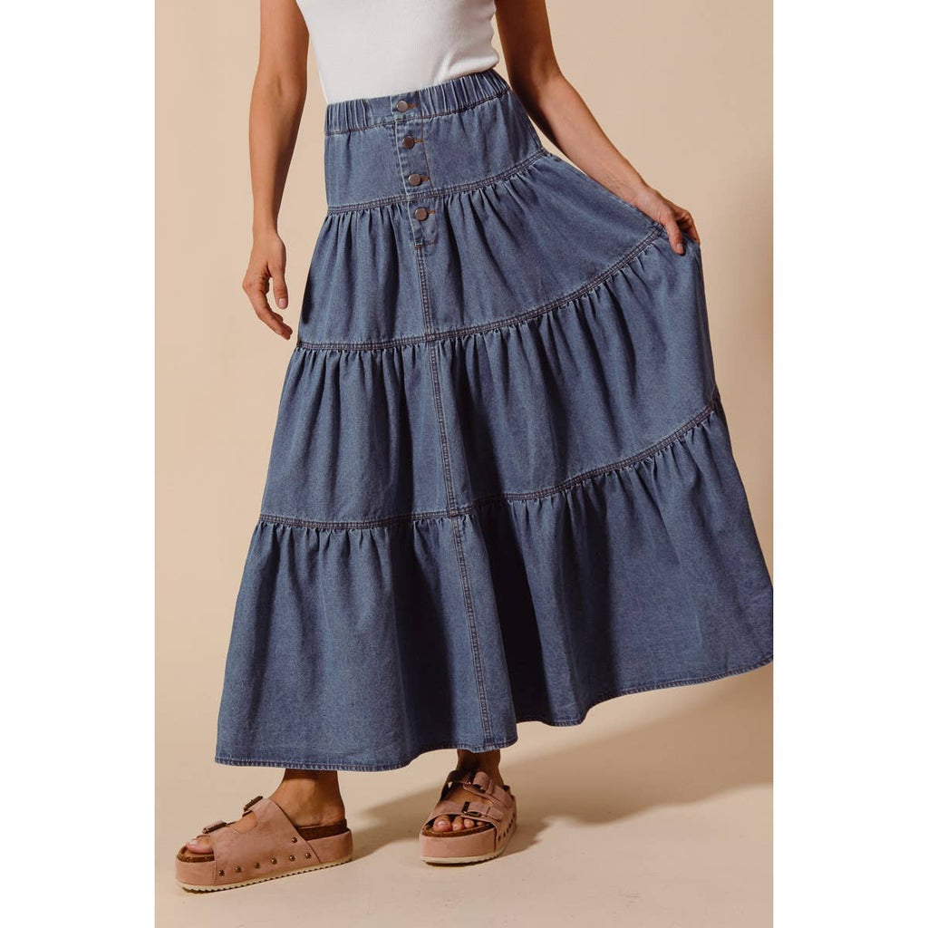 DENIM BLOCK FLOWY MAXI SKIRT
