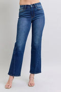 Women’s high-rise wide leg cropped blue denim jeans with soft stretch and flattering relaxed fit on a plain background