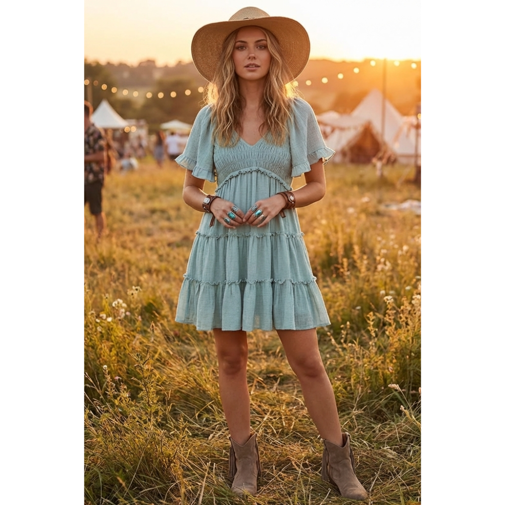 Woman in a light blue dress and hat standing in a field with tents in the background