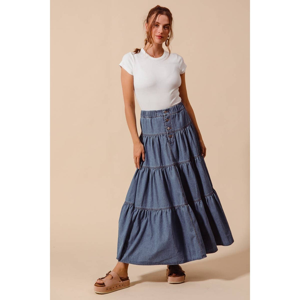 DENIM BLOCK FLOWY MAXI SKIRT