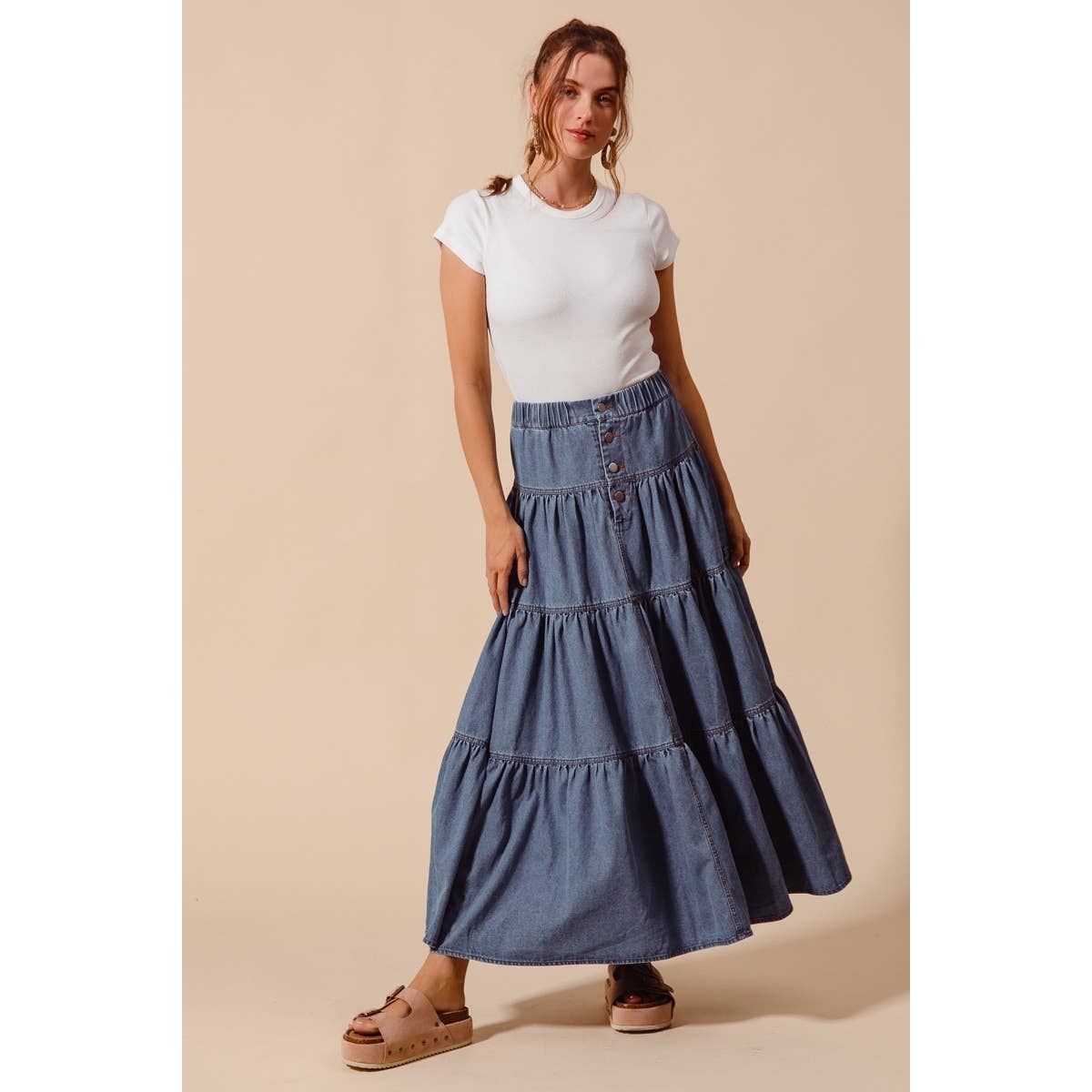 DENIM BLOCK FLOWY MAXI SKIRT