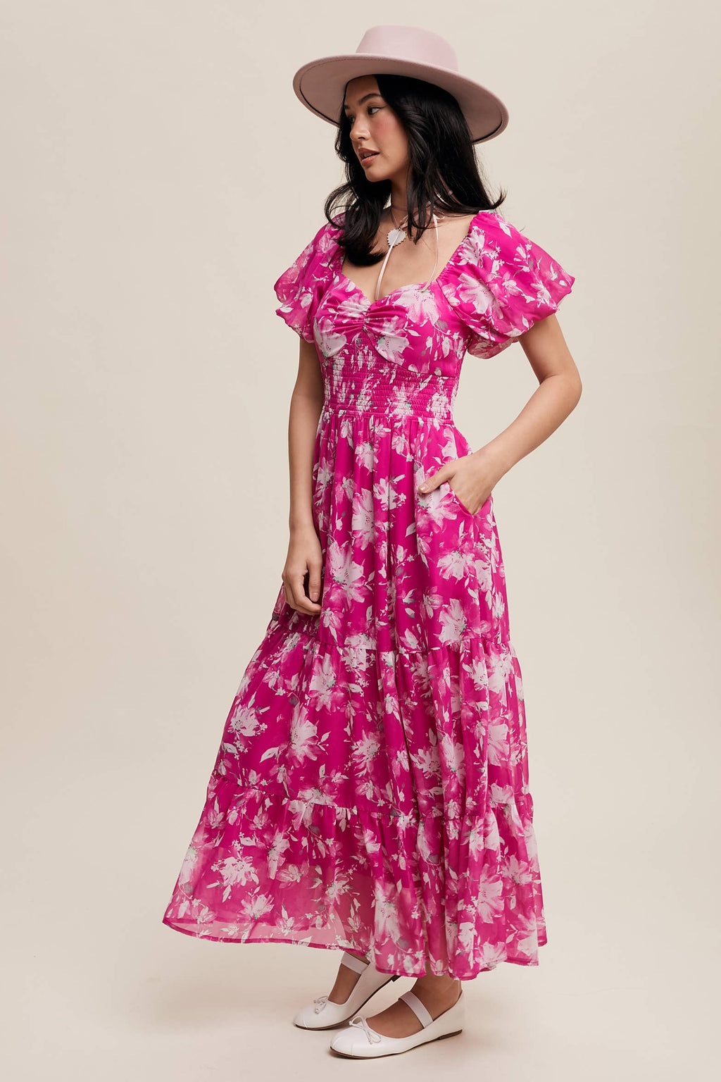 Floral Puff Sleeve Tiered Pink Maxi Dress