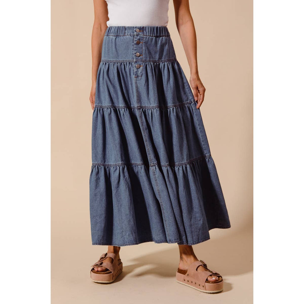 DENIM BLOCK FLOWY MAXI SKIRT